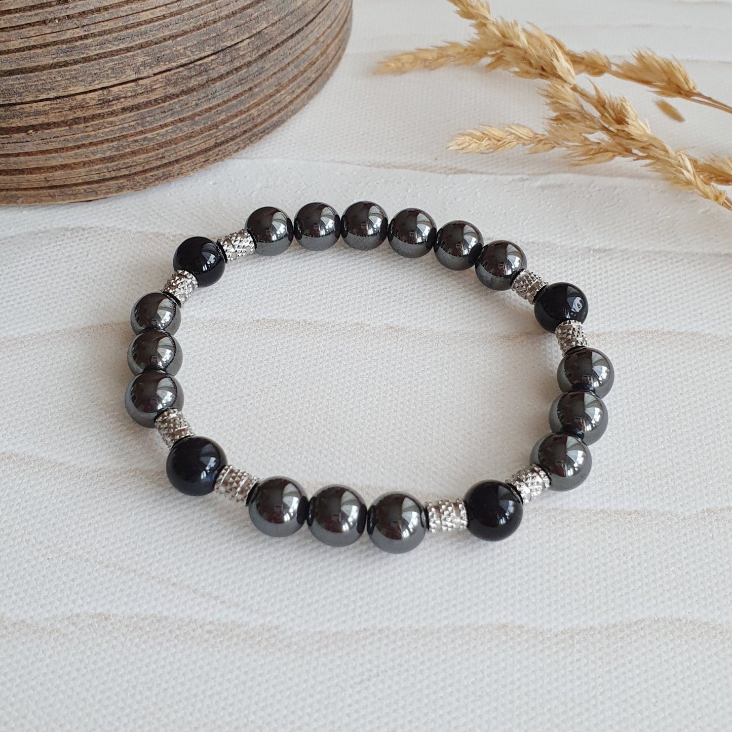 Onyx Hämatit Naturstein Armband für Mann, Energieschmuck für Schutz, Stärke innere Balance.