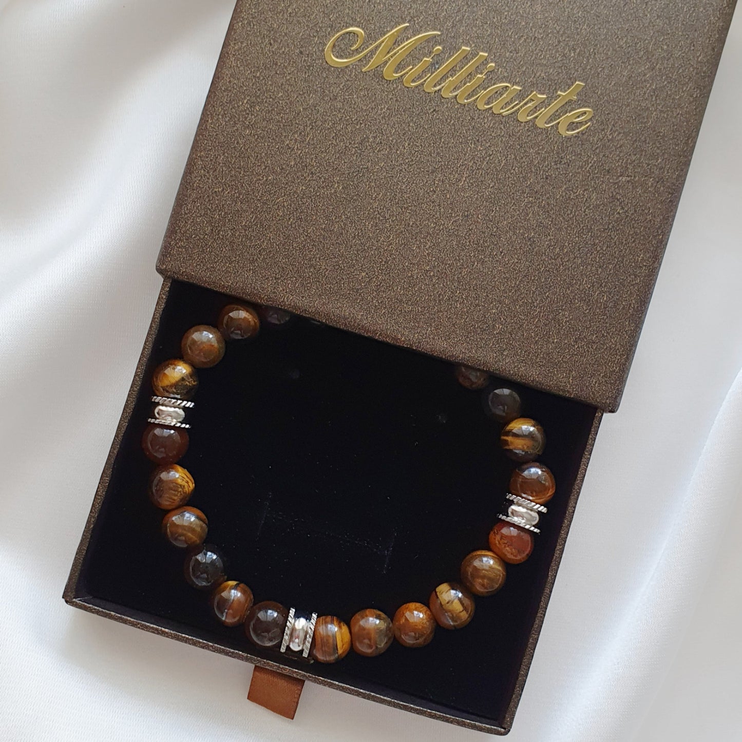 Handgemachtes Herrenarmband aus echtem Tigerauge mit Edelstahl-Elementen, 8mm Natursteinperlen, wasserfest