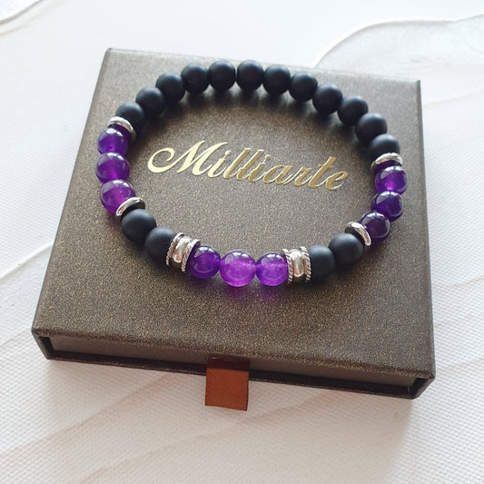 Herren Armband Amethyst Onyx 8 mm Edelstein Perlen elastisch Geschenkbox