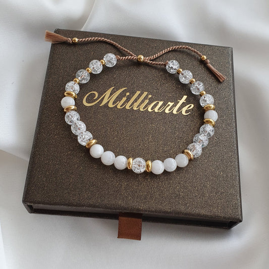 Mondstein Bergkristall Armband Damen mit Geschenkbox, 18K Gold plattierte Edelstahl Elemente, verstellbar, wasserfest, Schmuck Geschenkidee