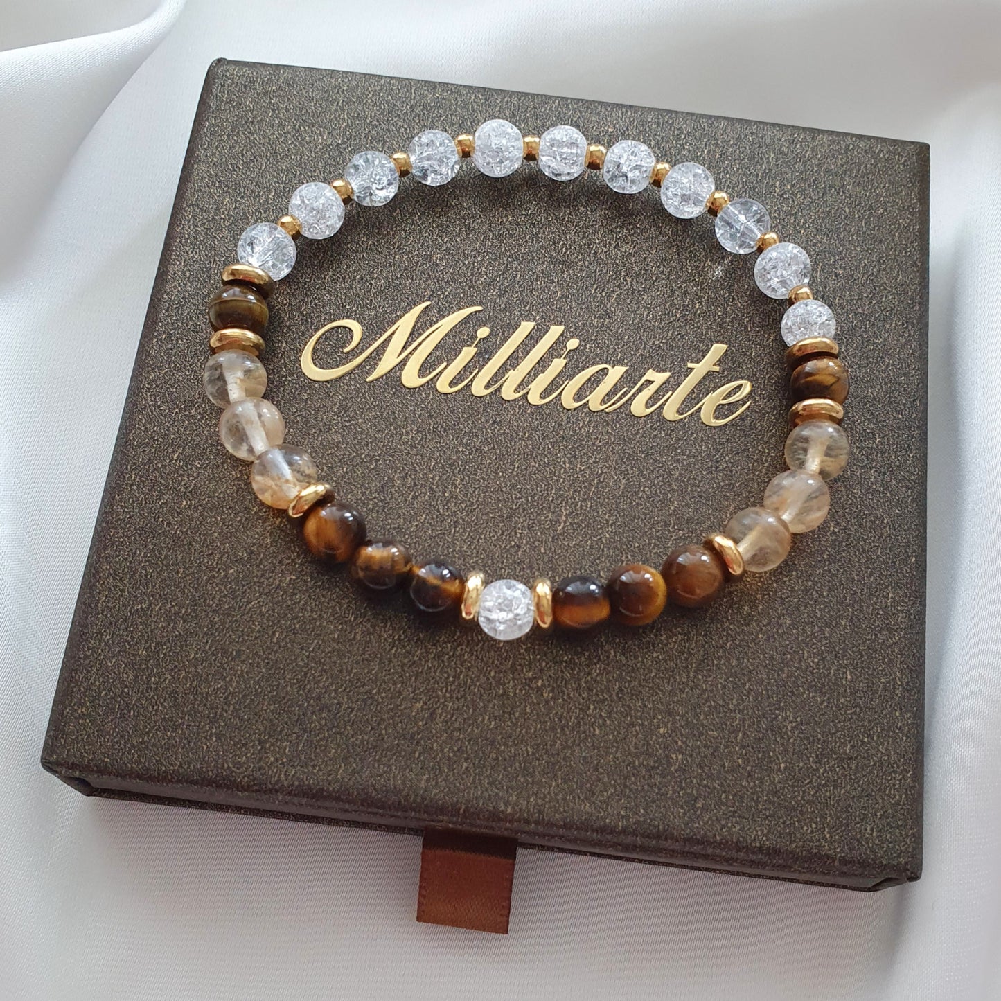 Echtes Citrin, Bergkristall und Tigerauge Armband für Damen in Geschenkbox, spirituelles Schmuckstück für Wohlstand und Selbstvertrauen