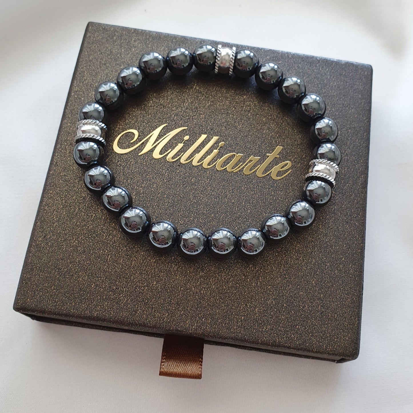 Herrenarmband Hämatit 8mm Perlen, handgefertigt, Stärke und Ausgeglichenheit, Naturstein Schmuck in Geschenkbox