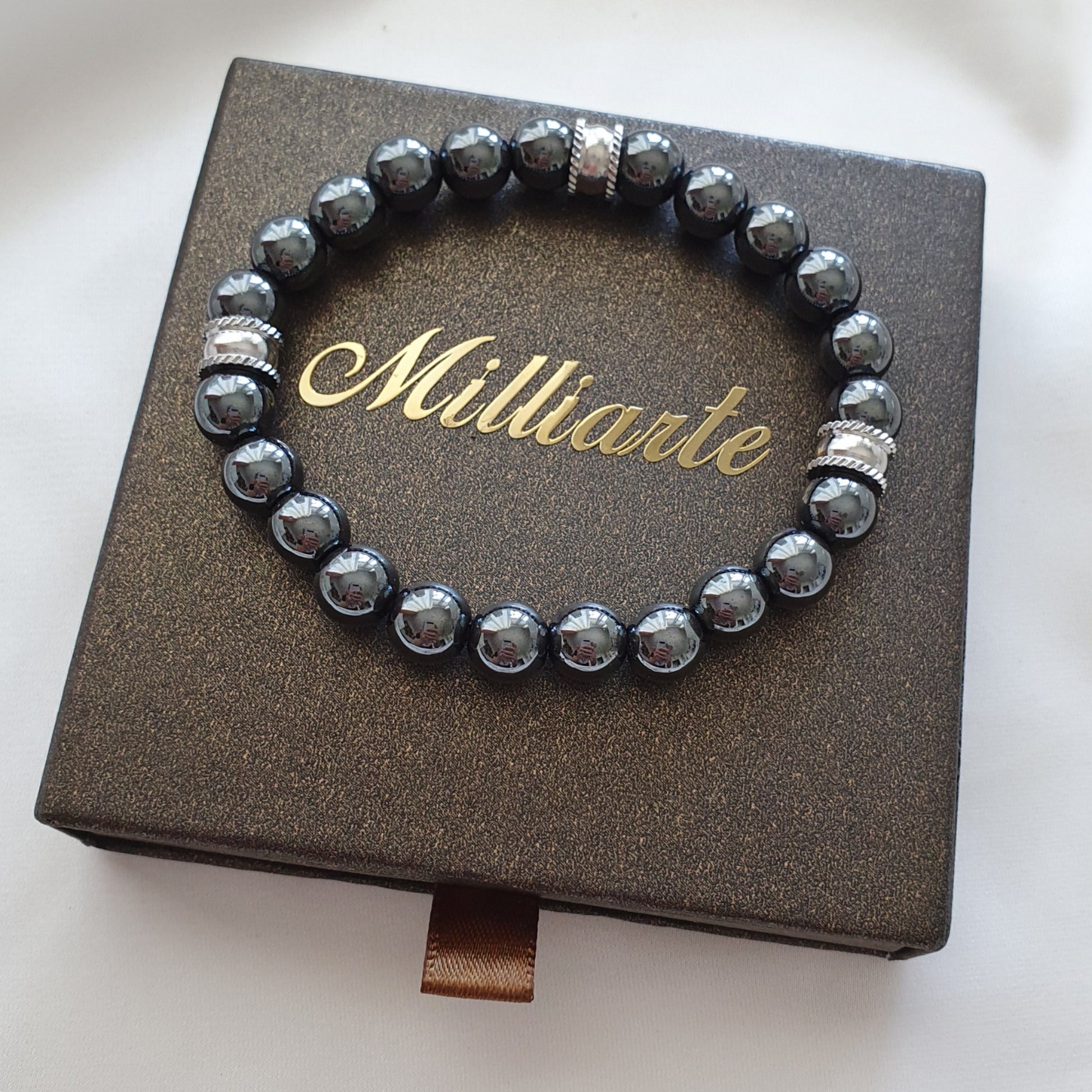 Herrenarmband Hämatit 8mm Perlen, handgefertigt, Stärke und Ausgeglichenheit, Naturstein Schmuck in Geschenkbox