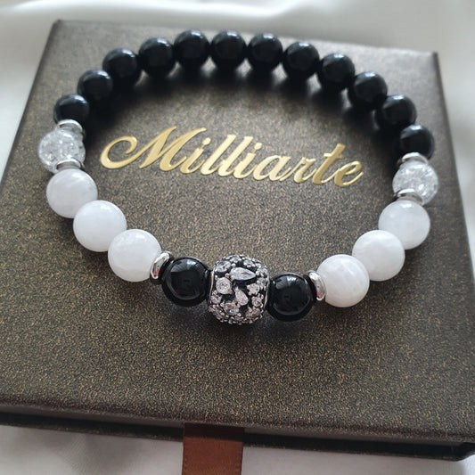 Mondstein Onyx Armband mit 925 Silber und Zirkonia auf Schmuckbox mit Logo – Edelstein Armband für Schutz, Energie & Harmonie