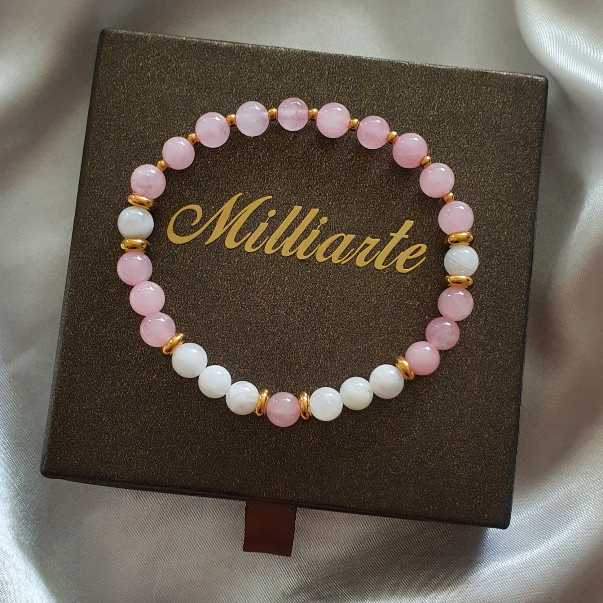 Elegantes Damenarmband mit Mondstein & Rosenquarz, vergoldete Gold , Silber Elemente, Geschenkbox