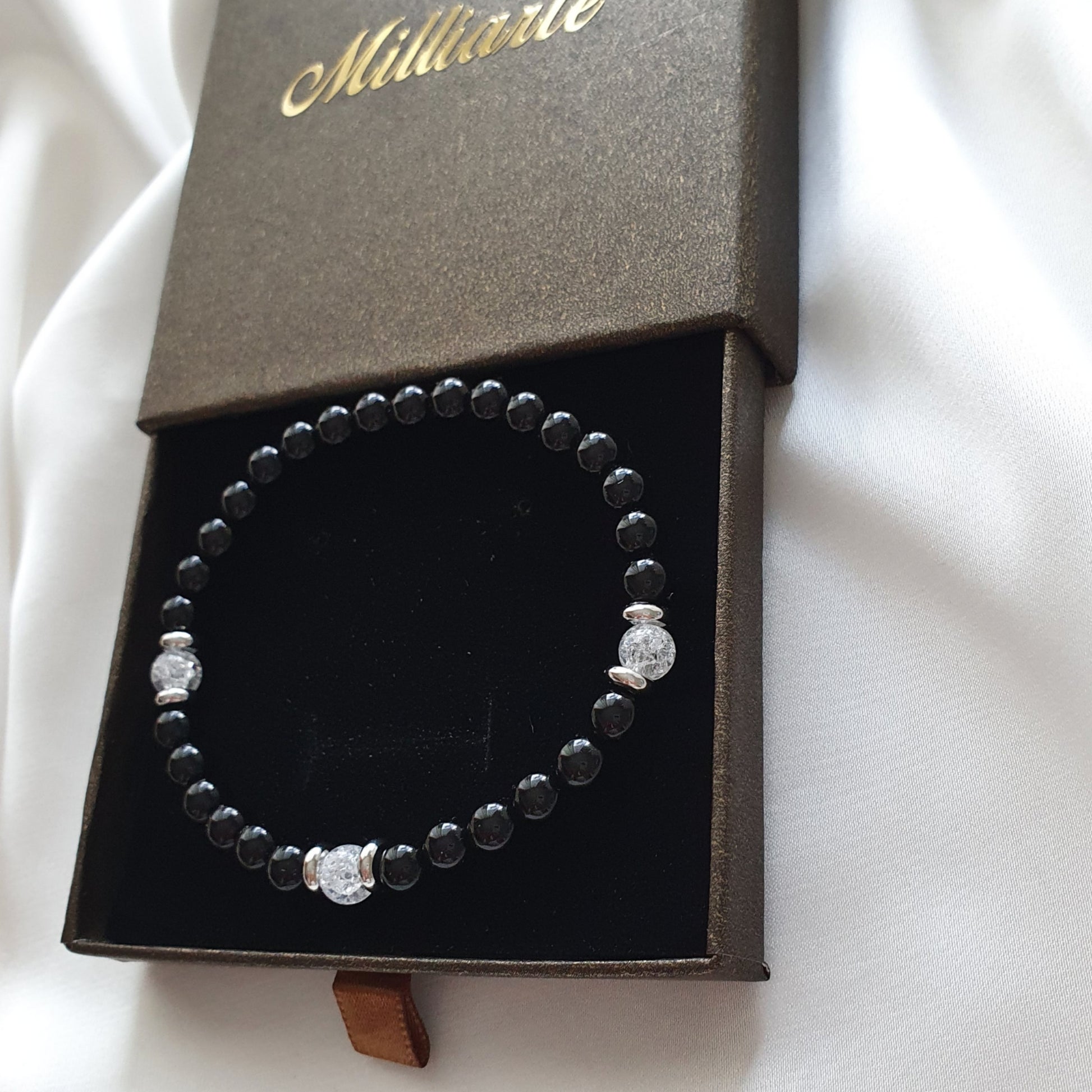 Herren Onyx & Bergkristall Armband – Schutz, Mut und Selbstbewusstsein, elegantes Heilstein-Armband