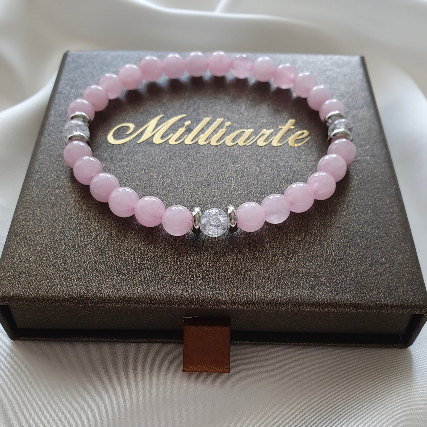 Heilstein-Armband mit Rosenquarz und Bergkristall-Perlen - energetischer Schmuck für Damen