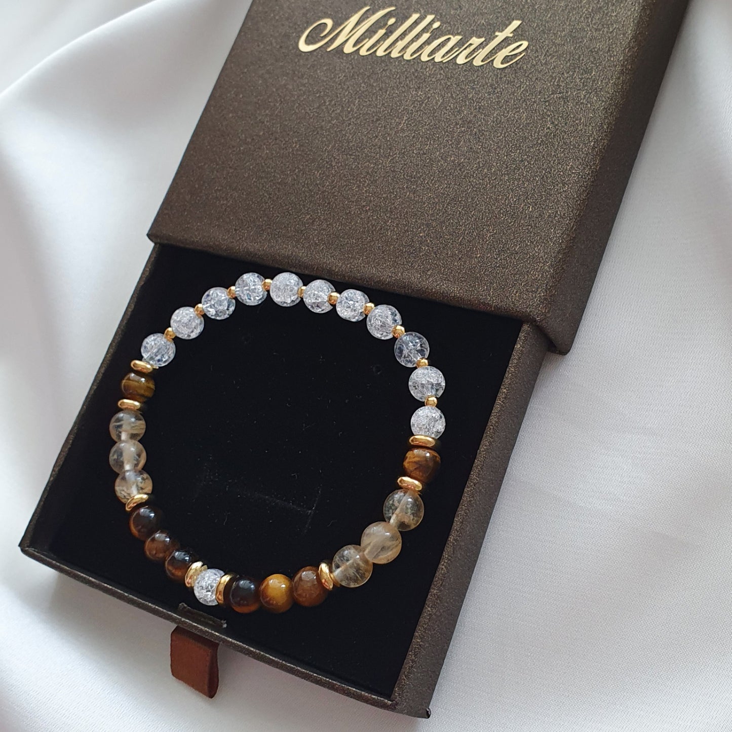 Elegantes Damen Armband aus Citrin, Bergkristall und Tigerauge in stilvoller Geschenkbox, perfekte Geschenkidee