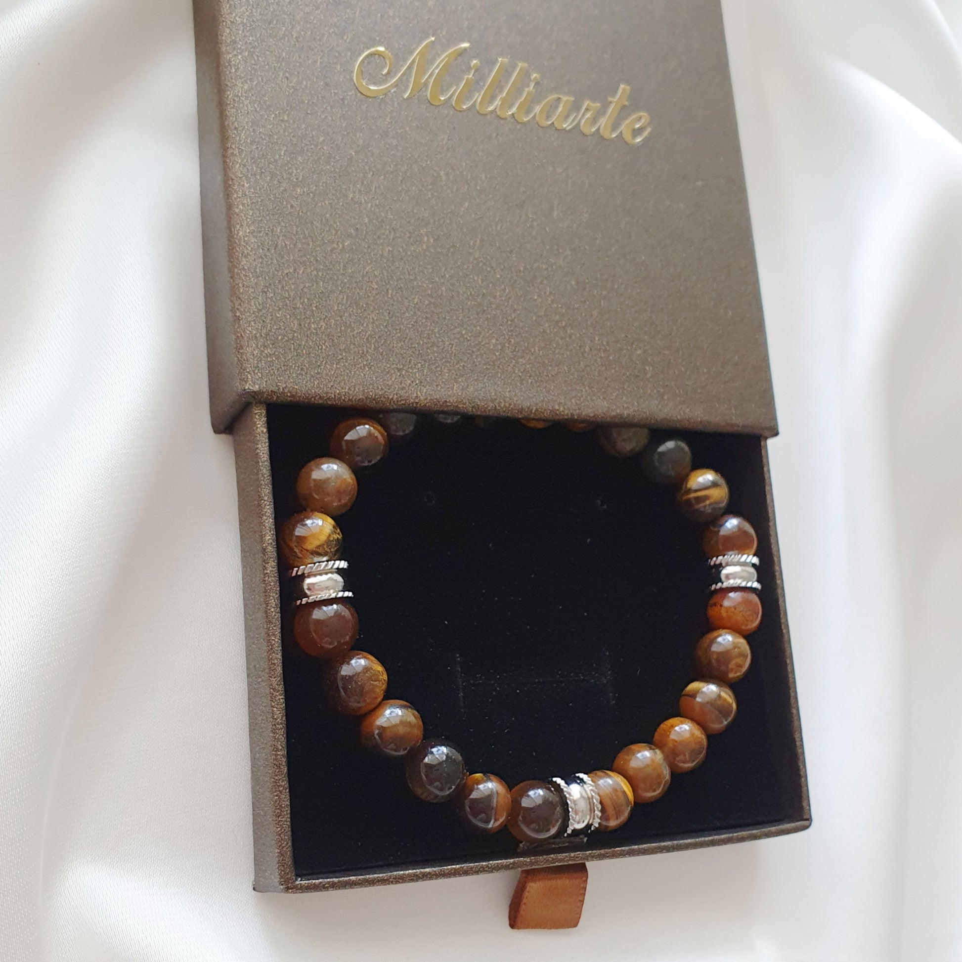 Echter Tigerauge Stein, goldbraun gemasert, Naturstein mit positiver Energie, handgearbeitetes Männerarmband