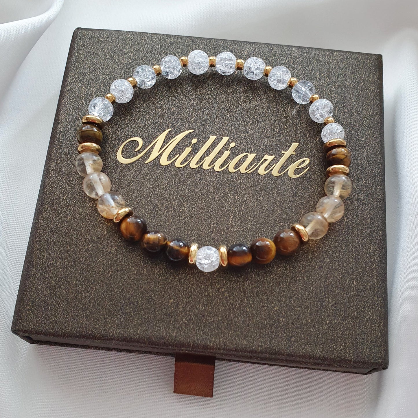 Citrin, Bergkristall und Tigerauge Armband für Damen, spirituelles Schmuckset, Glücksarmband als Geschenk für Wohlstand und Selbstvertrauen