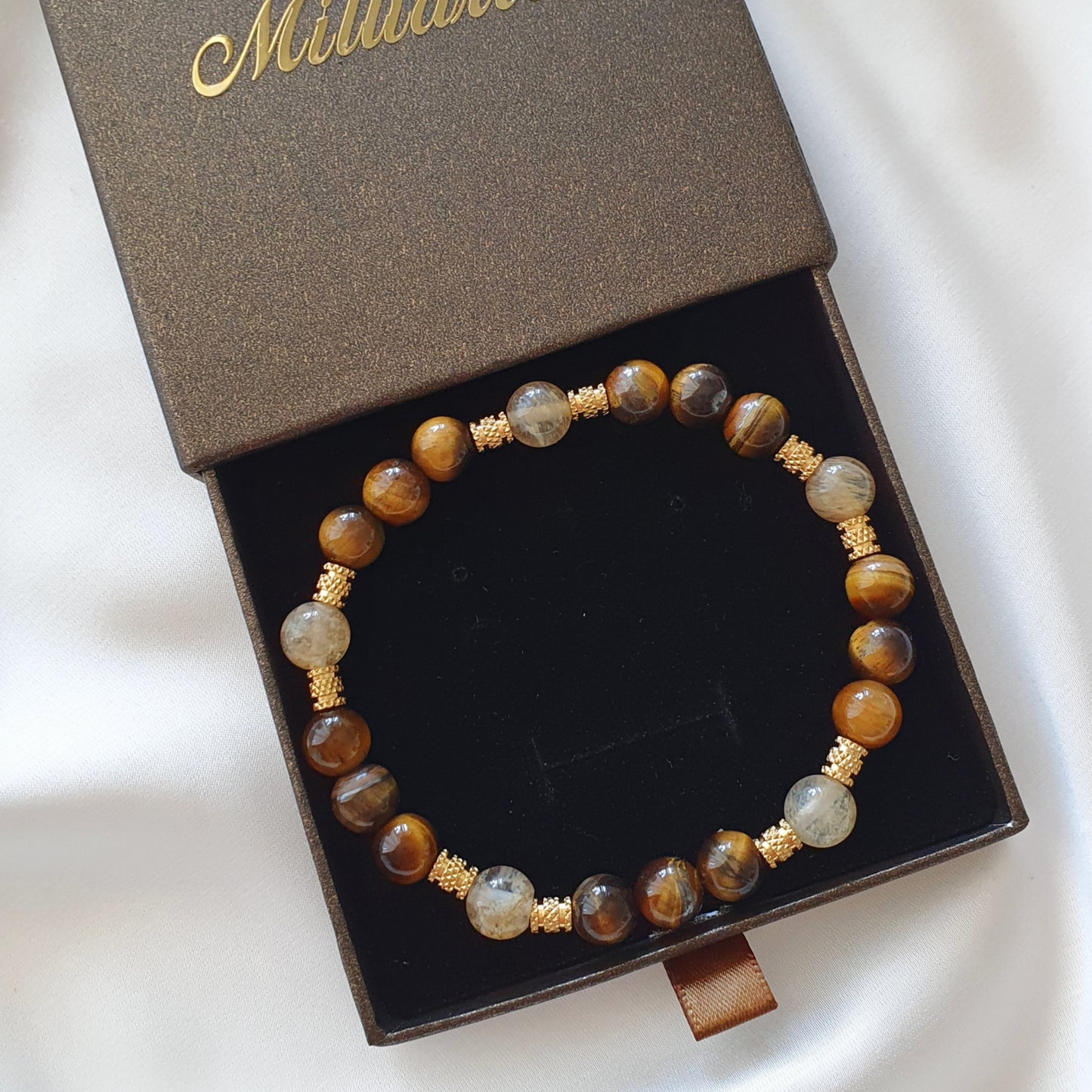 Handgefertigtes Citrin Tigerauge Armband in geprägter Schmuckbox – hochwertiges Geschenkarmband