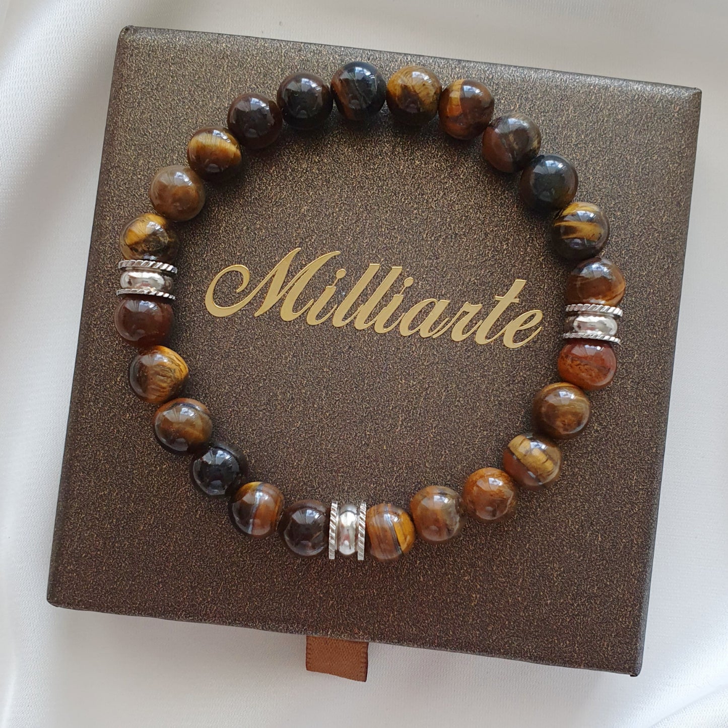 Tigerauge Edelsteinarmband, 8mm Natursteinperlen, handgefertigt, mit Edelstahl Elementen, Symbol für Stärke und innere Ruhe