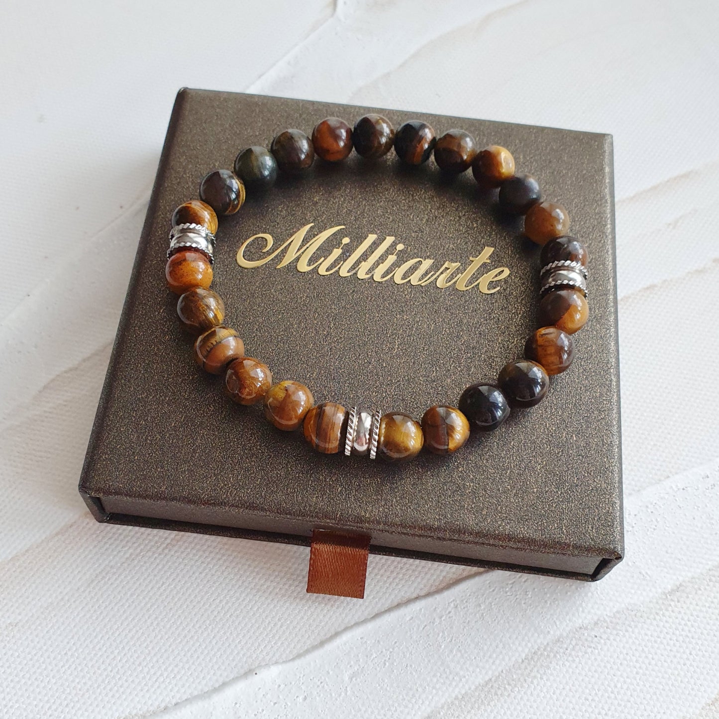 Handgemachtes Herren Edelstein Armband aus echtem Tigerauge – Naturstein mit schützender Wirkung, 8mm Perlen, Edelstahl, Geschenkidee