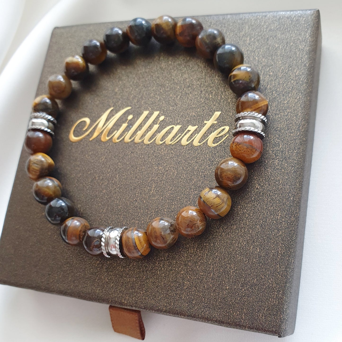 Naturstein Armband Tigerauge in Geschenkverpackung – echtstein Schmuck für Männer, handgefertigt mit Edelstahl Elementen