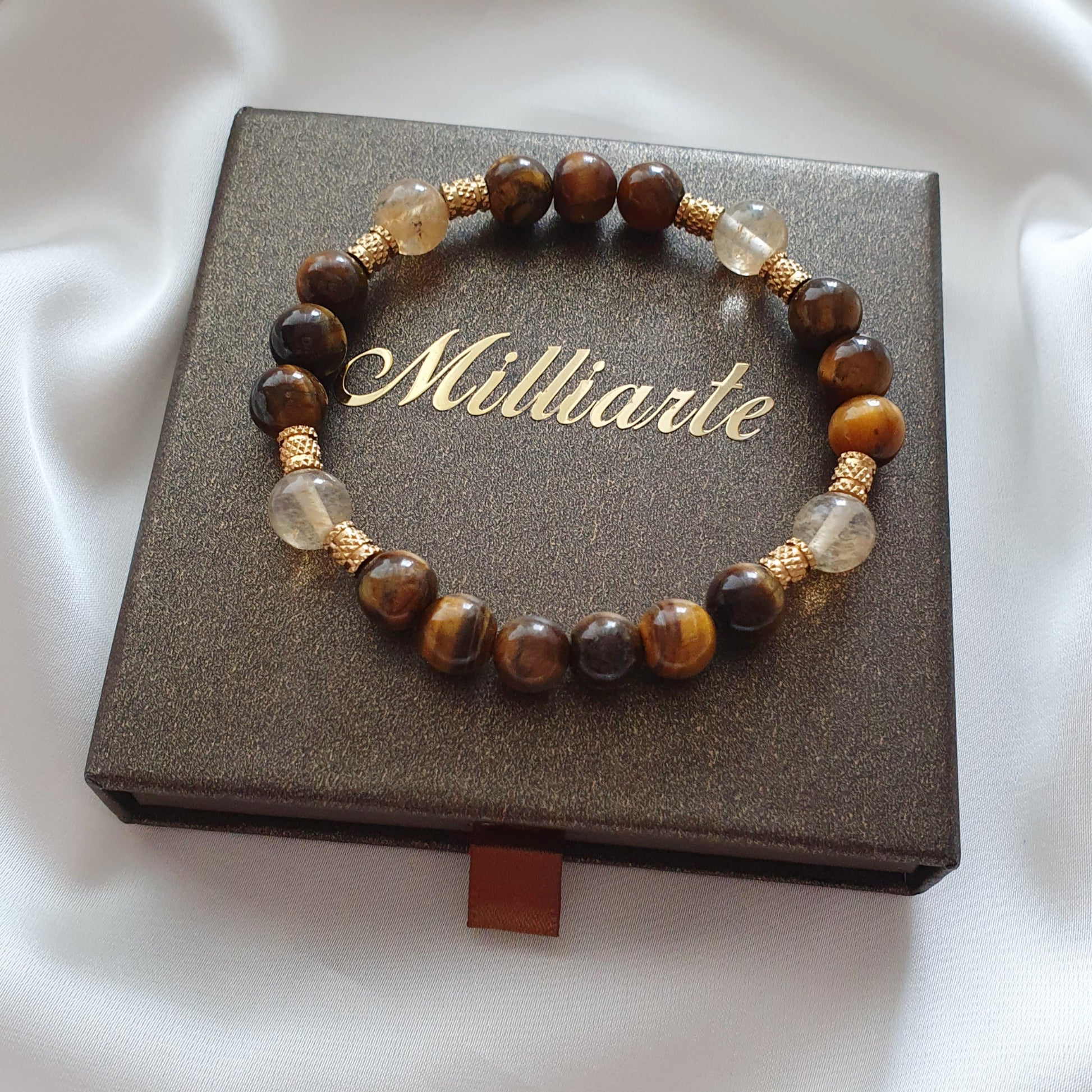 Citrin & Tigerauge Edelsteinarmband in edler Schmuckbox mit Logo – perfektes Geschenk für positive Energie